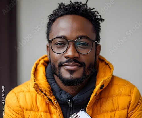 person with glasses Pure Joy, Yellow Radiance: A young Black man radiates happiness, his contagious laughter illuminating the vibrant yellow background.  photo