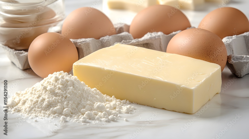 Close-up of baking ingredients: flour, butter, and eggs. Perfect for recipes, cooking, or food blogs. Clean and bright image. Close-up of baking ingredients: flour, butter, and eggs. Perfect for recipes, cooking, or food blogs. Clean and bright image.