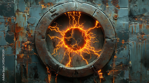 A cracked and rusted reactor door with glowing energy patterns spreading outward like veins photo