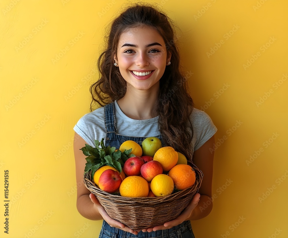 woman holding basket of fruits A woman smiles as she sells fruits and vegetables at a marketplace, that captures her entrepreneurial spirit, representing the economic contributions of women in local woman holding basket of fruits A woman smiles as she sells fruits and vegetables at a marketplace, that captures her entrepreneurial spirit, representing the economic contributions of women in local