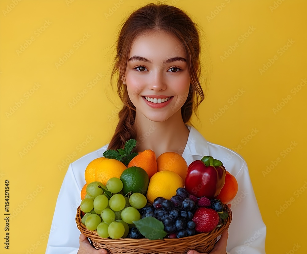 Smiling woman holding a basket of fresh, colorful fruits like apples, oranges, and bananas, enjoying a healthy and nutritious diet Smiling woman holding a basket of fresh, colorful fruits like apples, oranges, and bananas, enjoying a healthy and nutritious diet
