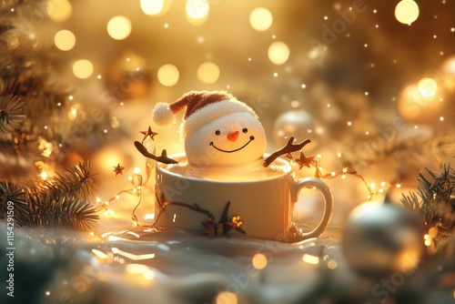 Cheerful Snowman Decoration in a Cozy Cup Surrounded by Twinkling Lights and Holiday Ornaments for a Festive Winter Season Celebration