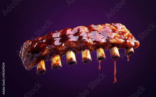 A seasoned pork rib floating mid-air with smoky BBQ sauce drips, set against a deep purple background photo