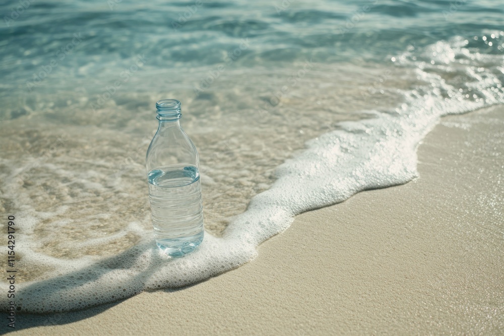 Still Life of a Water Bottle on a Sandy Beach Shore Surrounded by Gentle Ocean Waves and Soft Foam Capturing Environmental Awareness and Nature's Beauty Still Life of a Water Bottle on a Sandy Beach Shore Surrounded by Gentle Ocean Waves and Soft Foam Capturing Environmental Awareness and Nature's Beauty