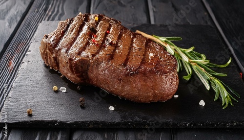 juicy grilled steak resting on black slate platter