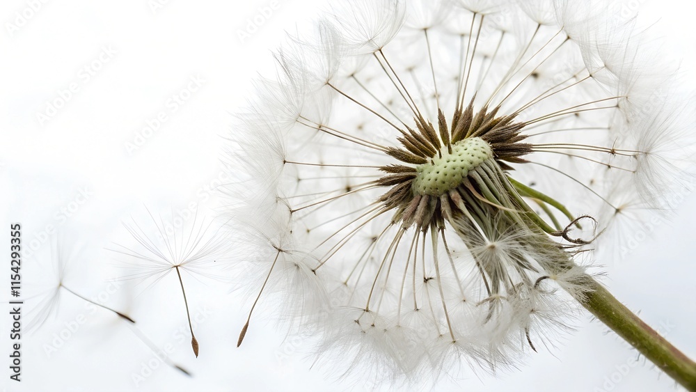 A delicate dandelion clock with white, feathery seeds is captured in mid-flight against a clean white background. A delicate dandelion clock with white, feathery seeds is captured in mid-flight against a clean white background.