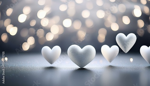 lovely summary white colored hearts on blurry silver bokeh historical past