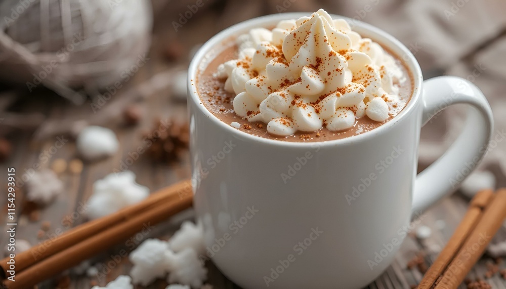 Creamy hot chocolate topped with fluffy marshmallows in a white mug, surrounded by cozy decor Creamy hot chocolate topped with fluffy marshmallows in a white mug, surrounded by cozy decor