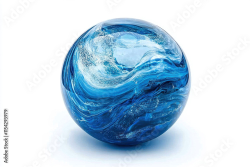 Blue glass ball with swirl pattern resting on sandy beach shining under the sunlight.