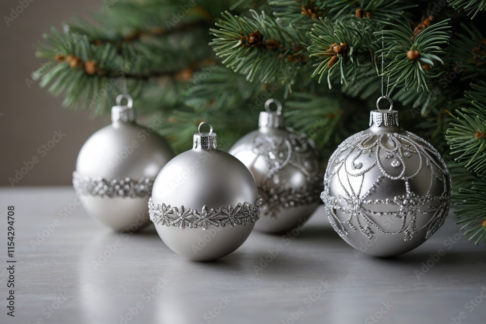 three silver ornaments are sitting on a table next to a pine tree three silver ornaments are sitting on a table next to a pine tree
