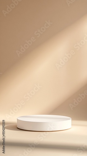 Minimalist white ceramic plate or display stand on beige background with diagonal shadow creating depth and atmosphere, perfect for product photography setup. photo