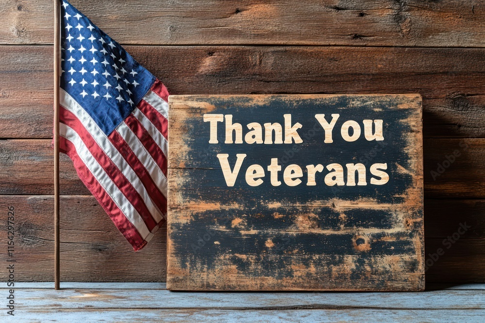 Fototapeta premium Rustic Wooden Sign with the Phrase Thank You Veterans and an American Flag Symbolizing Gratitude and Respect for Military Service Members and Their Sacrifices