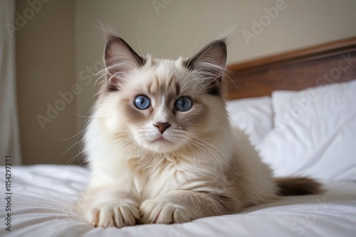 araffy cat laying on a bed with white sheets and a wooden headboard