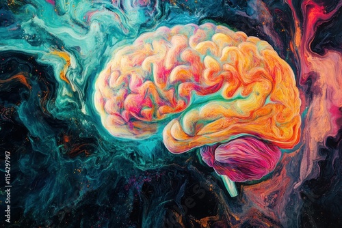 Vibrant Abstract Brain Illustration Against Cosmic Background with Swirling Colors and Textures Representing Creativity and Intelligence in a Digital Art Style