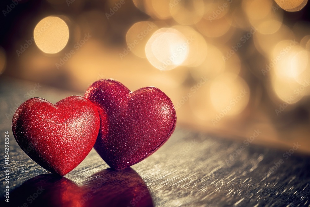 Fototapeta premium A pair of red hearts sitting on a wooden surface, perfect for romantic occasions or Valentine's Day decorations