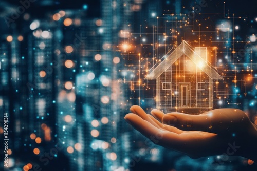Digital Representation of a House Hologram Overlaid on a Person's Hand Against a Blurry Urban Background with Bokeh Effect and Colorful Lights