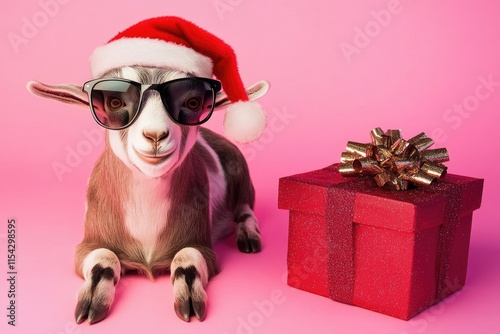 A playful goat posing next to a wrapped present, wearing a festive Santa hat and trendy sunglasses photo