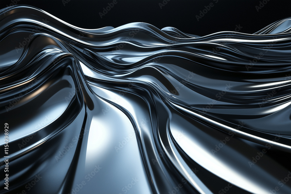 Fototapeta premium Abstract 3D Rendering of Glossy Wavy Lines on Dark Background with Surreal Waves and Futuristic Shapes
