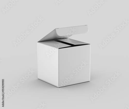 A white open-top cardboard box with a partially lifted lid for packaging and product mockups. 3d Illustration
