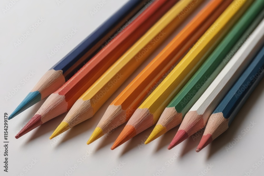 a close up of a group of colored pencils on a white surface a close up of a group of colored pencils on a white surface