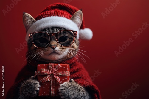 A playful cat wearing a Santa hat and glasses holds a festive gift, perfect for holiday or winter scenes