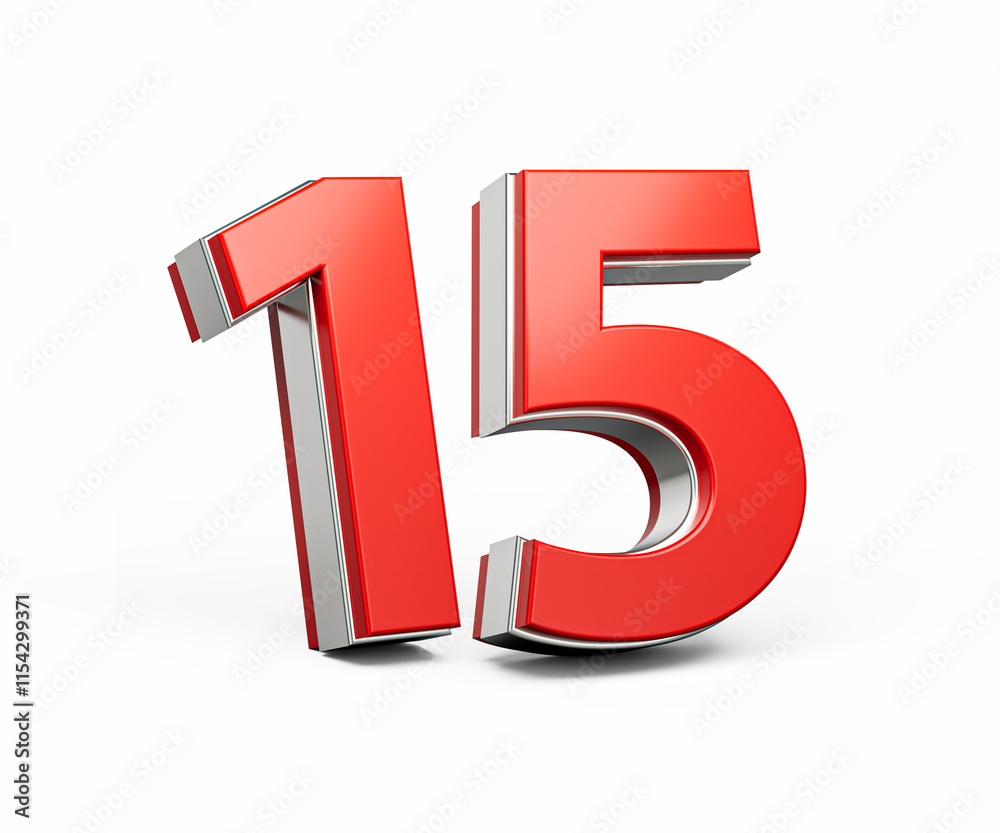 Bold Vibrant Red Number Fifteen Number 15 With Sleek Metallic Gleam On White Background 3D Illustration Bold Vibrant Red Number Fifteen Number 15 With Sleek Metallic Gleam On White Background 3D Illustration
