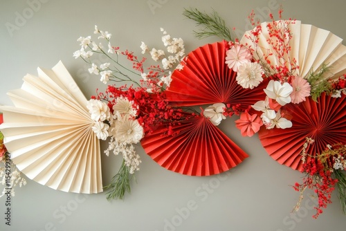Elegant Decor with Red and Cream Paper Fans and Vibrant Floral Arrangements on a Soft Gray Background for Festive Celebrations and Events