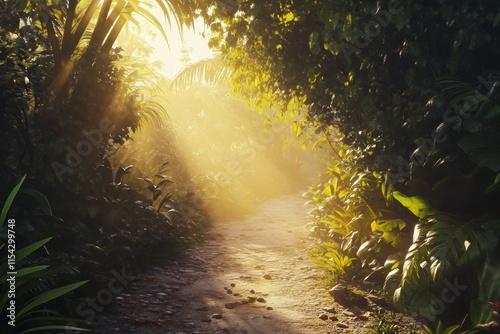 Serene Jungle Pathway Bathed in Soft Golden Light, Lush Greenery Framing a Tranquil Escape in a Vibrant Nature Setting