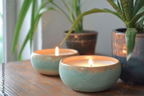 Tranquil Home Decor with Scented Candles and Green Plants on Wooden Table Capturing the Essence of Relaxation and Serenity in Interior Design