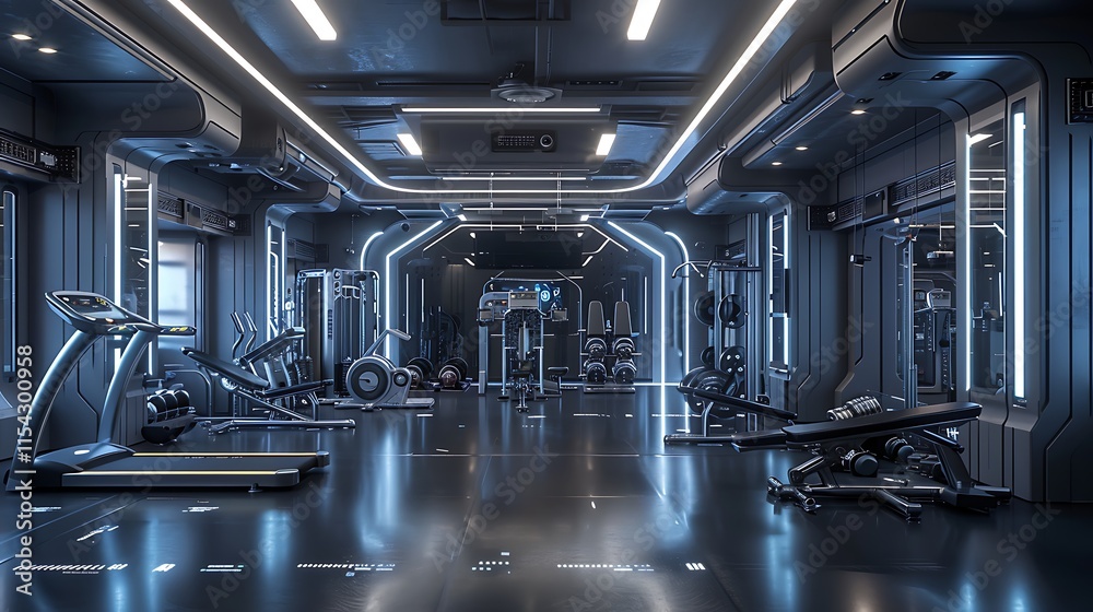 Gym interior with futuristic space theme, silver and black colors, and LED lights Gym interior with futuristic space theme, silver and black colors, and LED lights