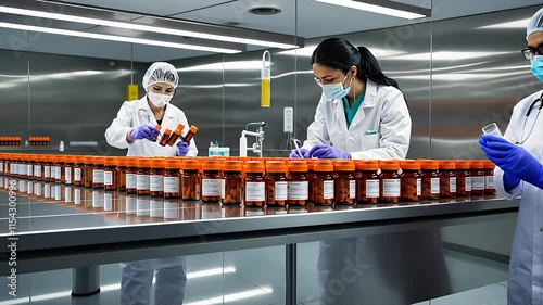 Laboratory Technicians Inspecting and Organizing Medicine Bottles in a Sterile Pharmaceutical Facility

 photo