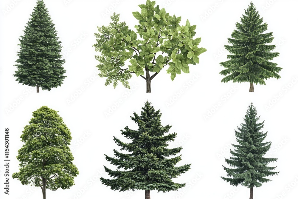 A collection of various tree species arranged on a white background, ideal for use in designs related to nature and the outdoors A collection of various tree species arranged on a white background, ideal for use in designs related to nature and the outdoors