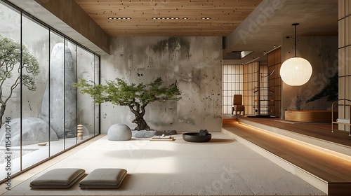 Gym interior with Japanese aesthetic, minimalist design, and natural elements photo