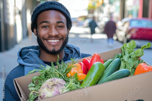Young man smiling while holding a box of fresh vegetables on a city street, showcasing healthy lifestyle and community support for local produce