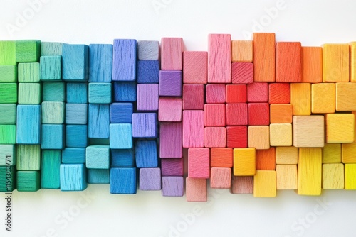Colorful Wooden Blocks Arranged in a Gradient Design on a White Background Creating a Vibrant and Playful Aesthetic for Creative Projects and Artistic Visuals