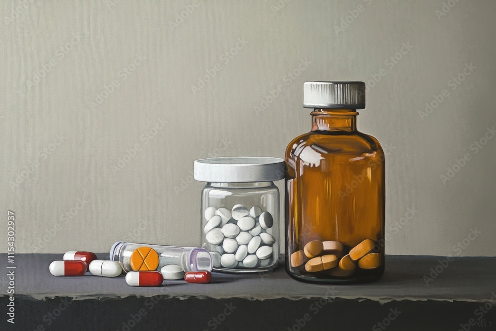 A painting of two bottles of pills on a surface, one empty and the other partially full A painting of two bottles of pills on a surface, one empty and the other partially full