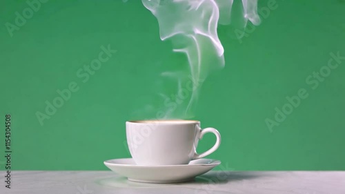 A steaming white tea cup set elegantly against a fresh green background, with soft tendrils of steam rising, creating a cozy and inviting visual perfect for food or lifestyle content.
