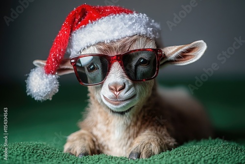 A goat wearing glasses and a Santa hat, perfect for holiday season or festive atmosphere