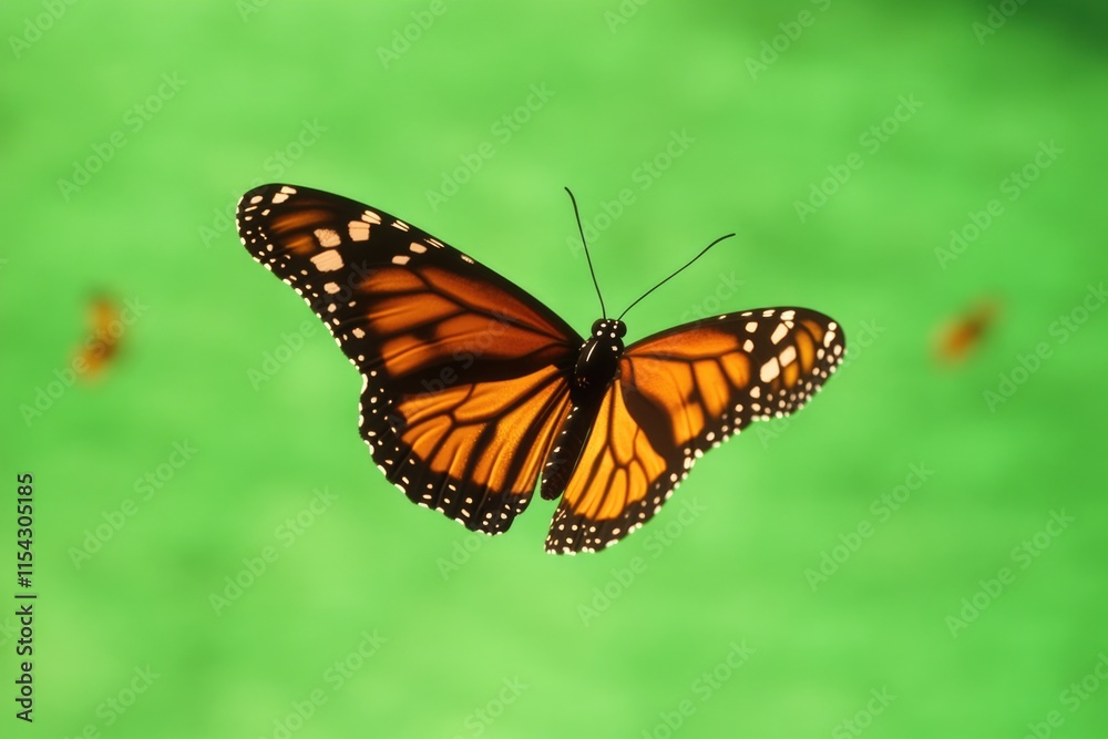 A monarch butterfly soars through the air, its iconic orange and black wings visible as it flies A monarch butterfly soars through the air, its iconic orange and black wings visible as it flies