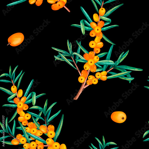 Seamless pattern of sea buckthorn branches. Watercolor seamless pattern of ripe orange berries and leaves. Wallpaper illustration for wrapping paper, weaving or product labels