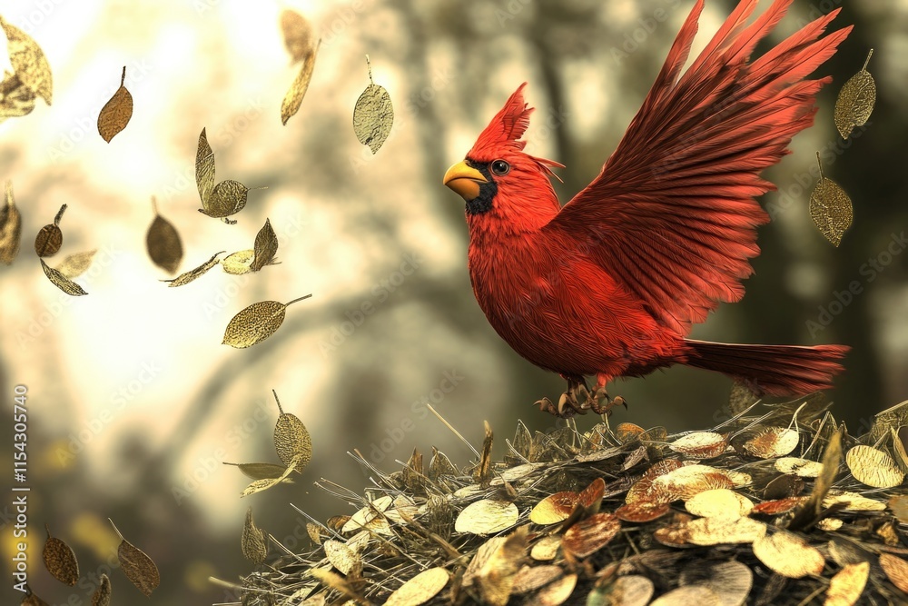 Fototapeta premium A bright red bird perches on top of a pile of fallen leaves in nature