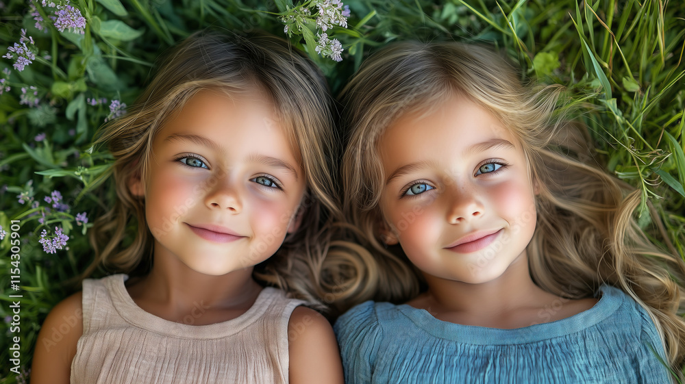 Joyful summer moments as girls relax on soft grass surrounded by flowers Joyful summer moments as girls relax on soft grass surrounded by flowers