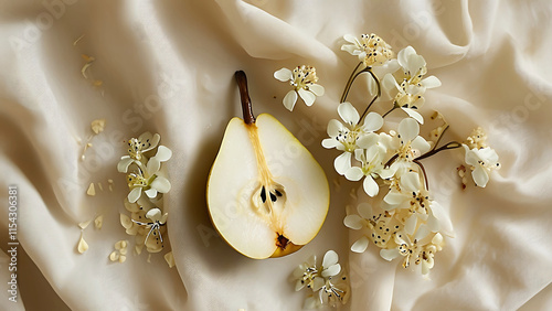 Pear half with white flowers on beige fabric photo