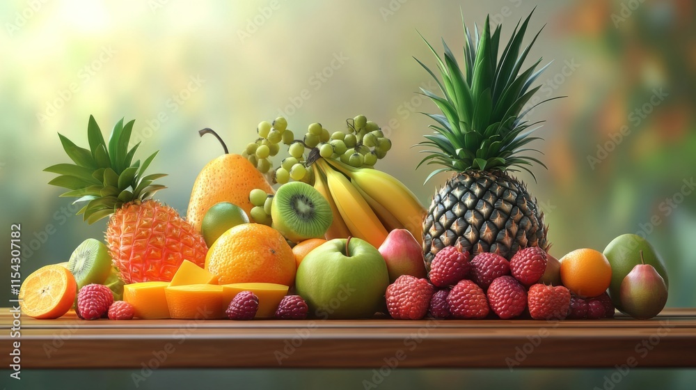 Fresh Fruits Displayed on a Wooden Table Fresh Fruits Displayed on a Wooden Table