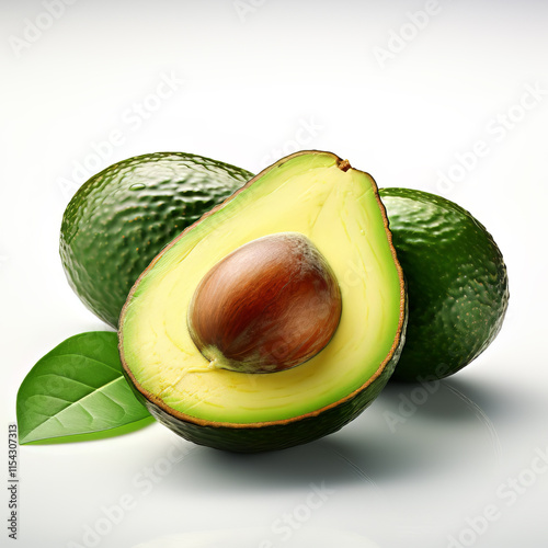 A flawless avocado, elegantly positioned on a pure white background. The absence of shadows enhances the avocado's natural contours and texture, creating a clean and focused presentation. 