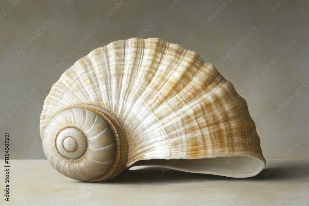 A single seashell sits on a gray table, perfect for a coastal-themed display or decoration