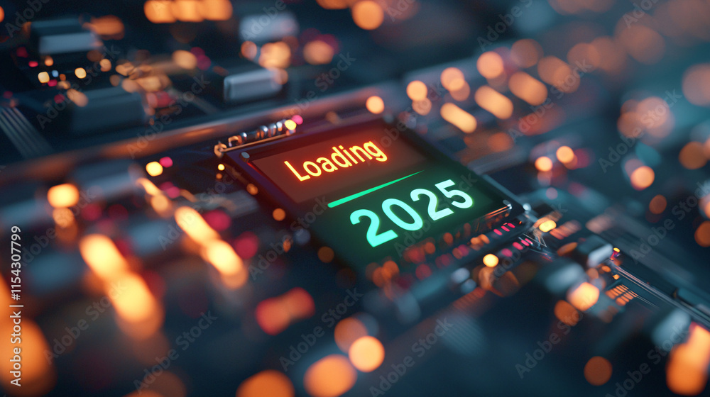 Loading 2025: A futuristic digital countdown on a glowing circuit board, anticipating the new year's technological advancements. Loading 2025: A futuristic digital countdown on a glowing circuit board, anticipating the new year's technological advancements.