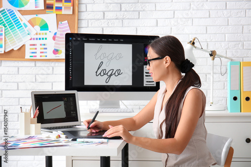 Female Asian graphic designer with tablet working at table in office photo