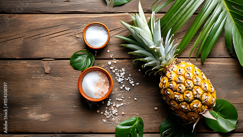 Pineapple, salt, and tropical leaves on wood photo