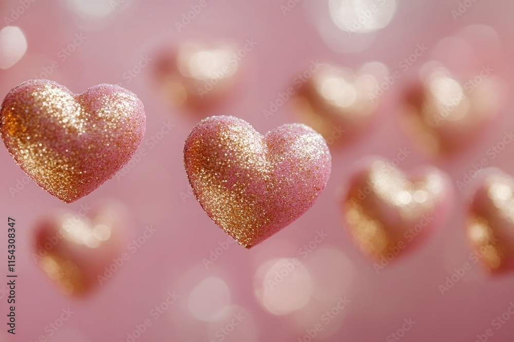 Obraz premium A group of pink and gold heart shapes float in mid-air, making for a whimsical and romantic visual effect